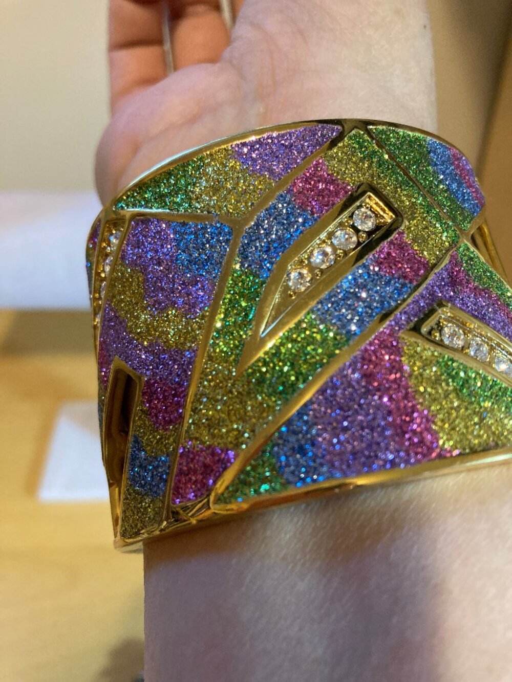 Vintage 70s Pink, Yellow, Blue, Green, Gold, Sparkly, Cuff Bracelet